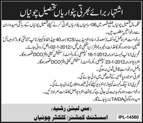 Patwari Required in Tehsil Chunnian District Kasur