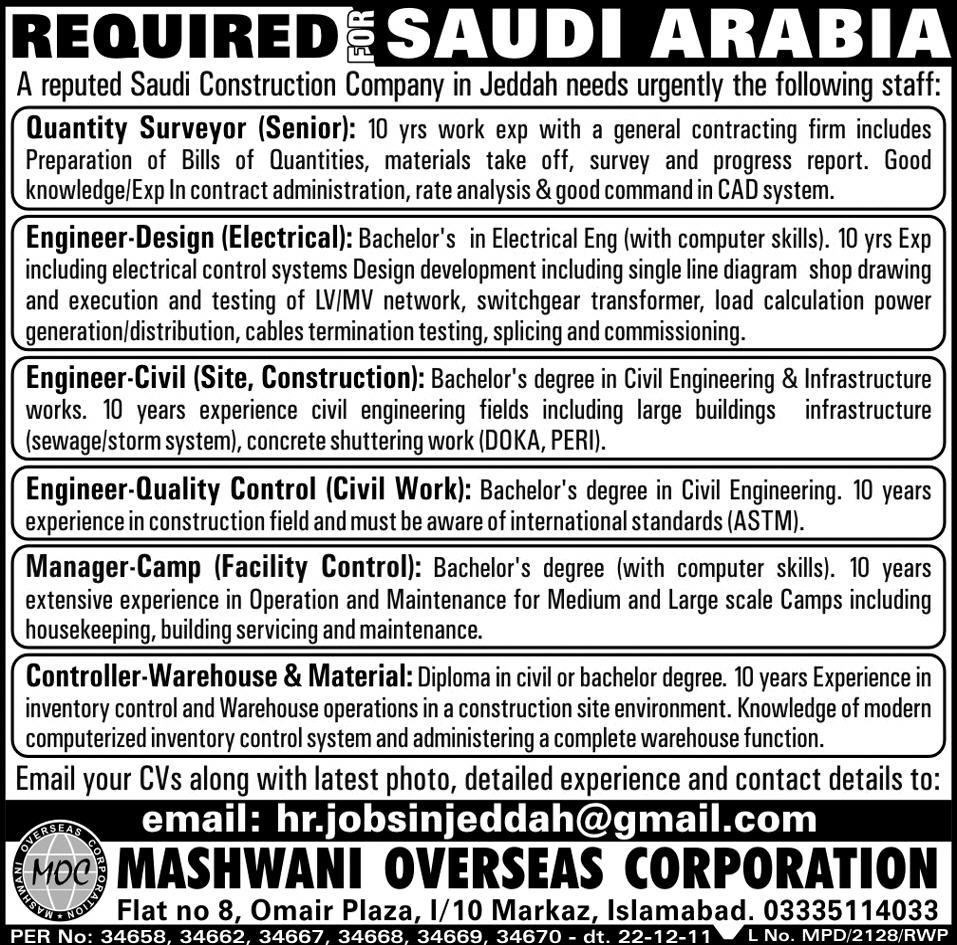 Engineers Required for Saudi Arabia
