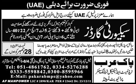 Security Guards Required for Dubai UAE