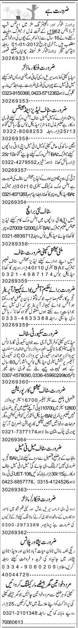 Misc. Jobs in Lahore Express Classified