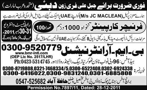 Furniture Carpenter Required for Dubai UAE