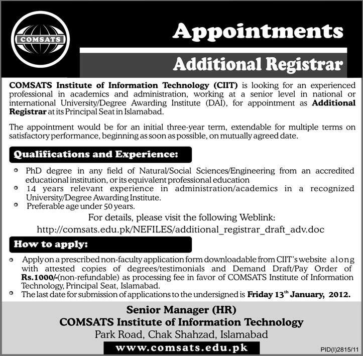 COMSATS Islamabad Required the Services of Additional Registrar