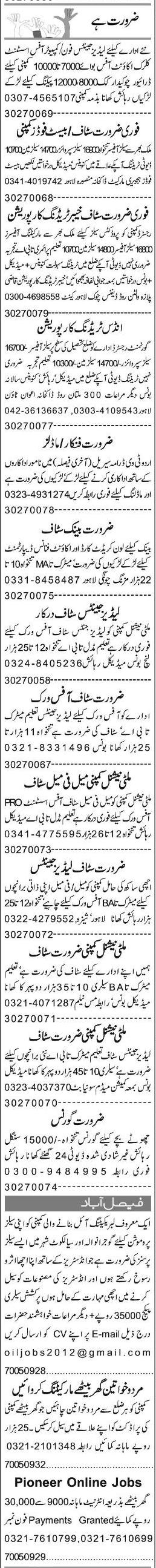 Misc. Jobs in Lahore Express Classified