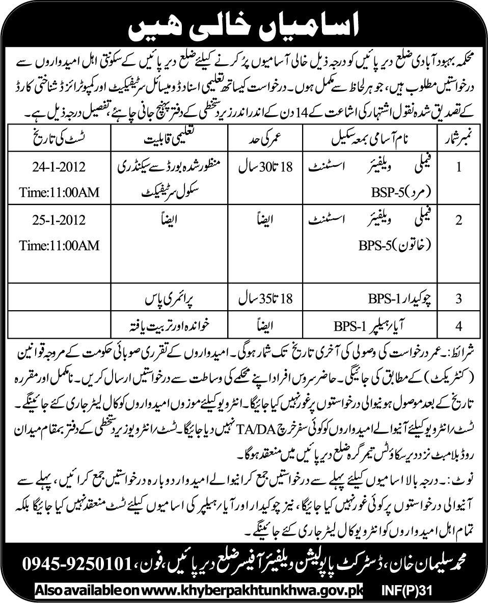 Population Welfare Department District Dir Jobs Opportunity