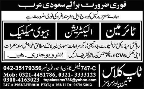 Electrician and Heavy Mechanic Required Saudi Arabia