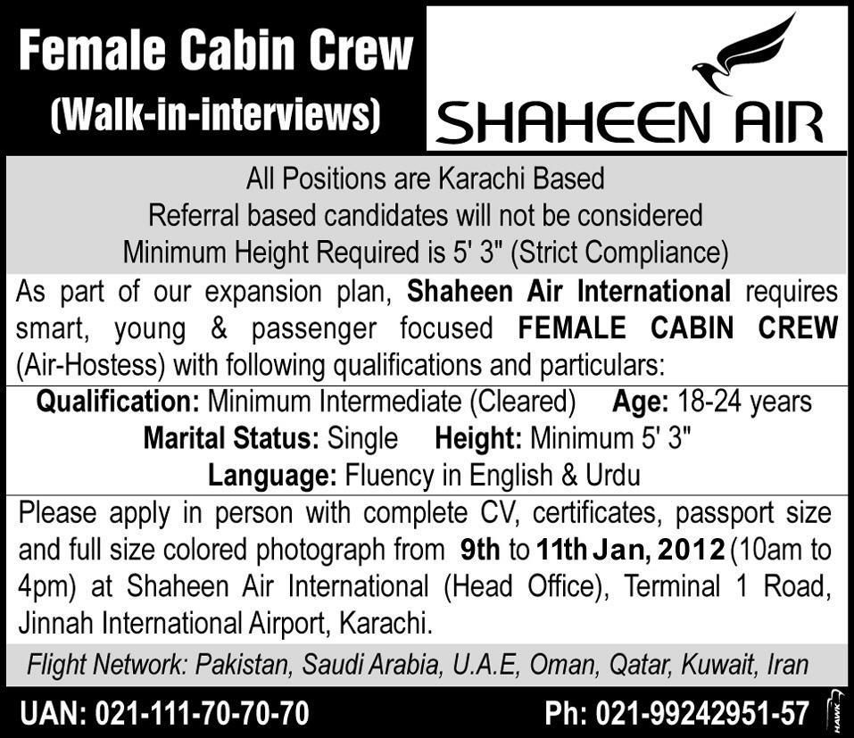 Shaheen Air Required Female Cabin Crew