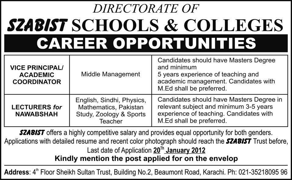 SZABIST Schools & Colleges Jobs Opportunity