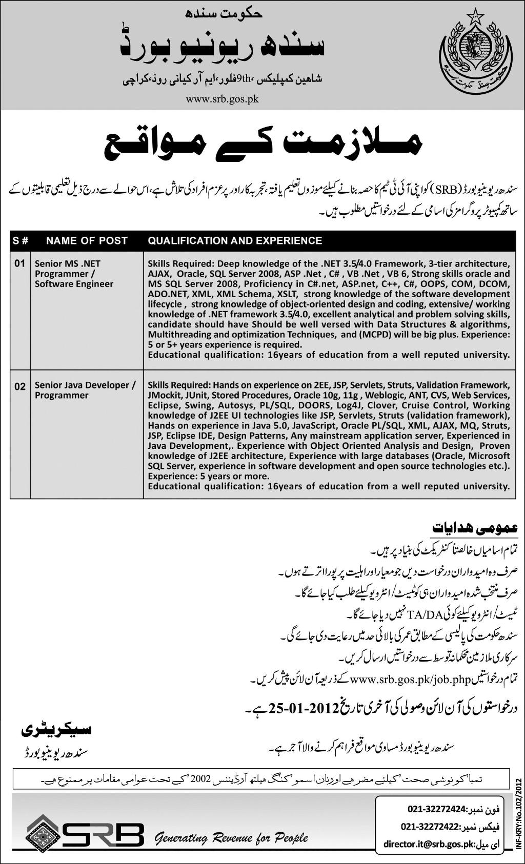 Sindh Revenue Board, Government of Sindh Jobs Opportunity