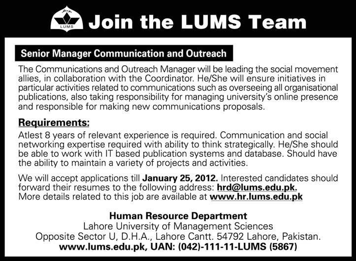 LUMS Required the Services of Senior Manager Communication and Outreach