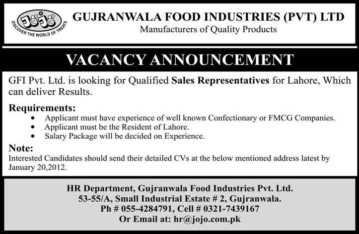 Gujranwala Food Industries Pvt Ltd Required Sales Representatives in Lahore