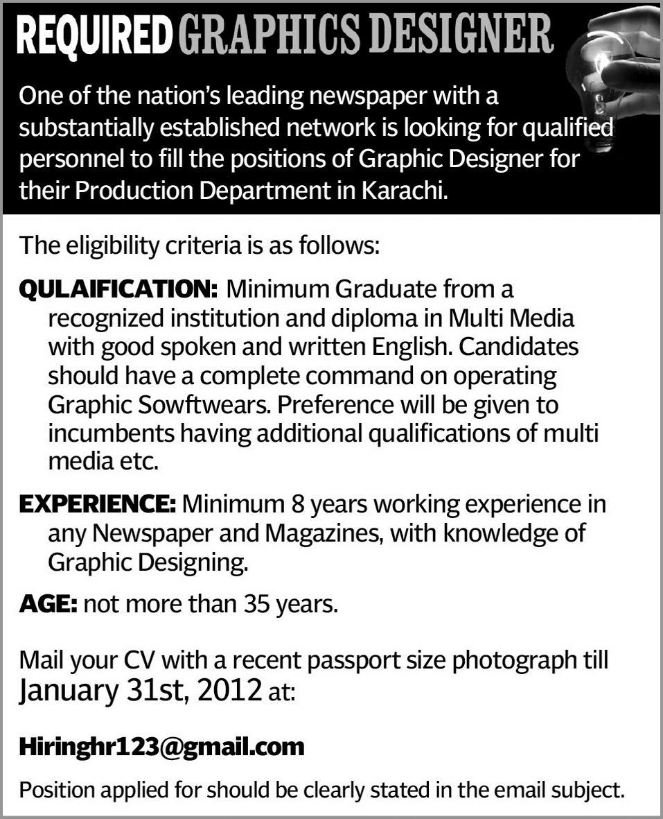 Graphics Designer Required by a National Newspaper
