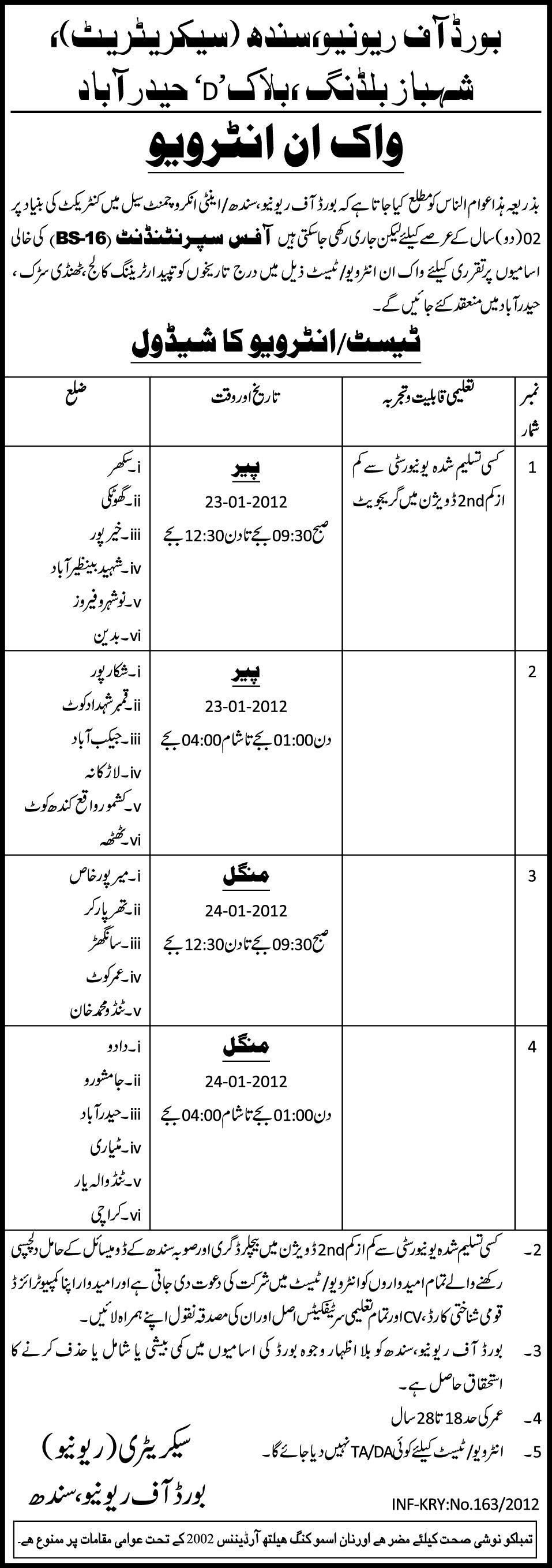 Board of Revenue Sindh (Secretariat) Hyderabad Required Office Superintendent