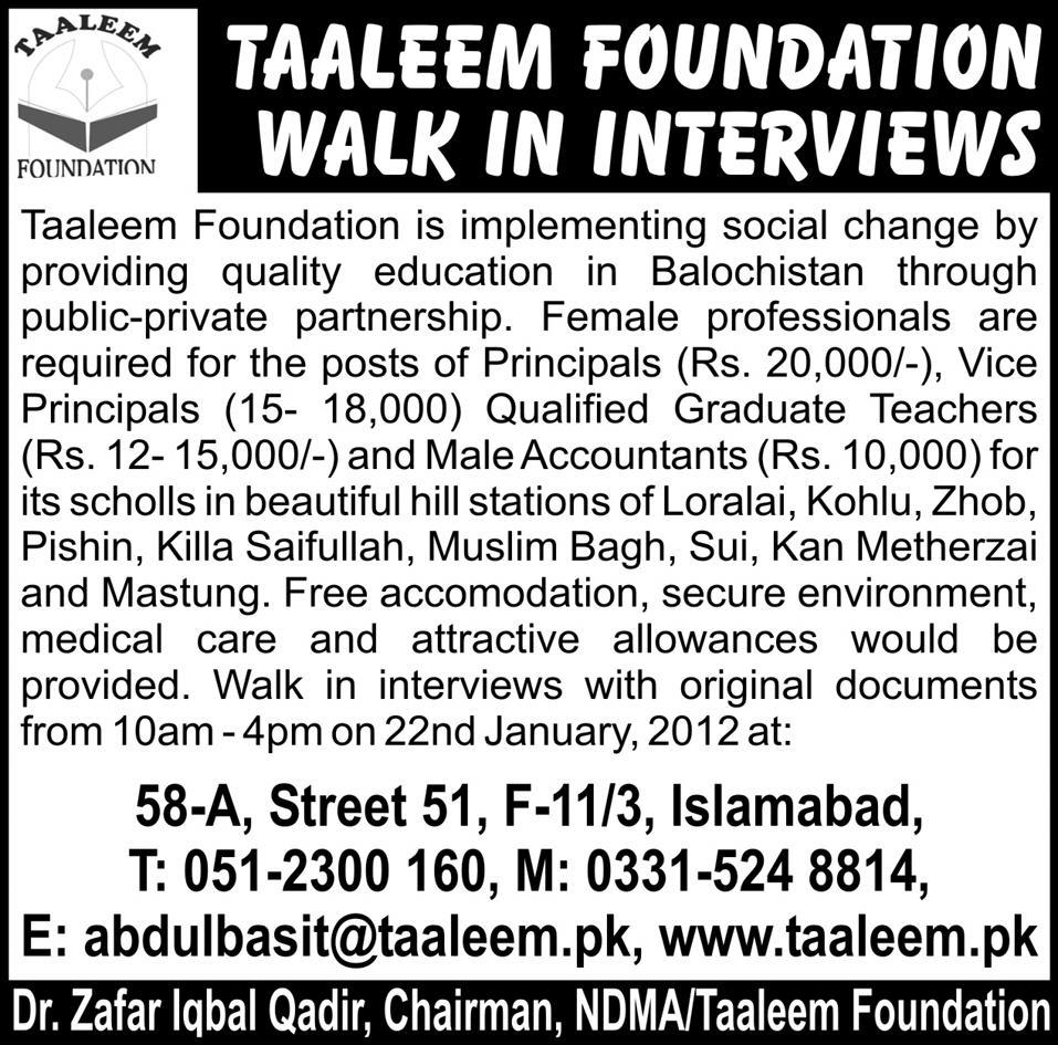 Taaleem Foundation Required Staff