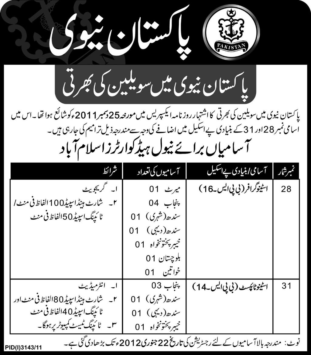 Pakistan Navy Required Stenographers and Stenotypists