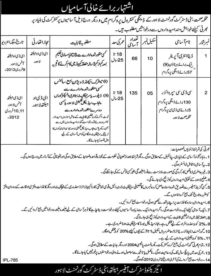 Health Department, City District Government Lahore Required Data Entry Operators and CDC Supervisors