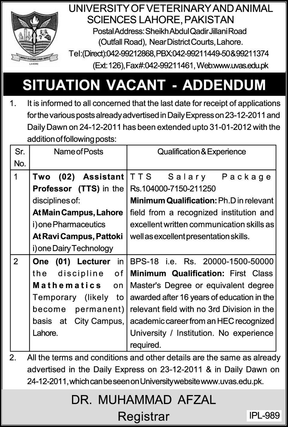 University of Veterinary and Animal Sciences Lahore, Pakistan Jobs Opportunity