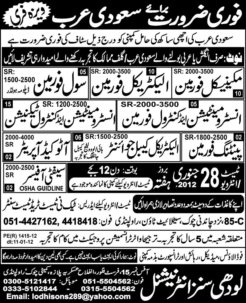 Lodhi International Required Staff for Saudi Arabia