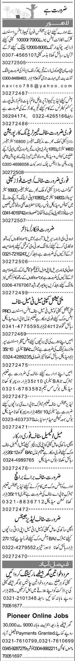 Misc. Jobs in Lahore Express Classified