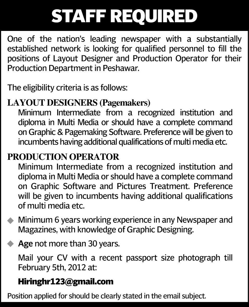 Layout Designers and Production Operator Required by a Nation's Leading Newspaper