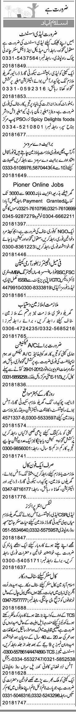 Misc. Jobs in Islamabad Express Classified