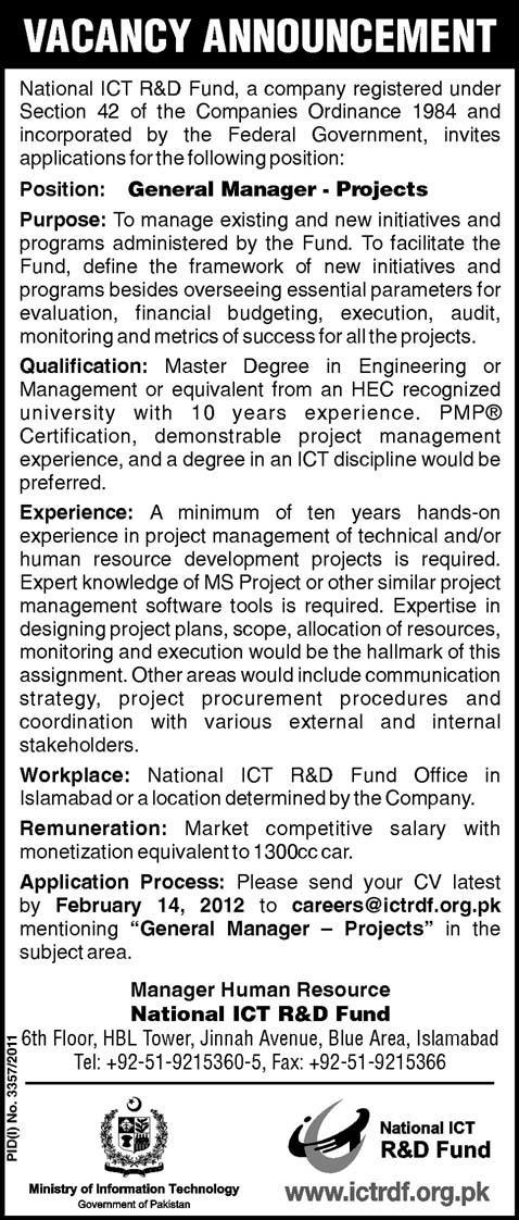 National ICT R&D Fund Required General Manager-Projects