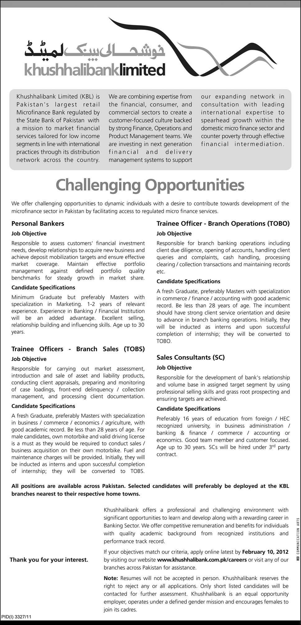 Khushhali Bank Limited Jobs Opportunity