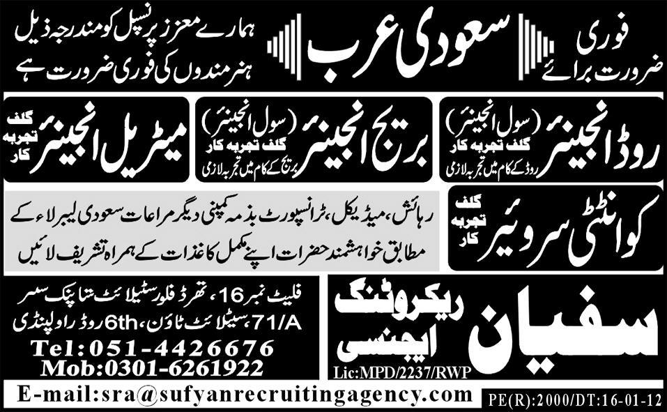 Engineers and Surveyor Required for Saudi Arabia