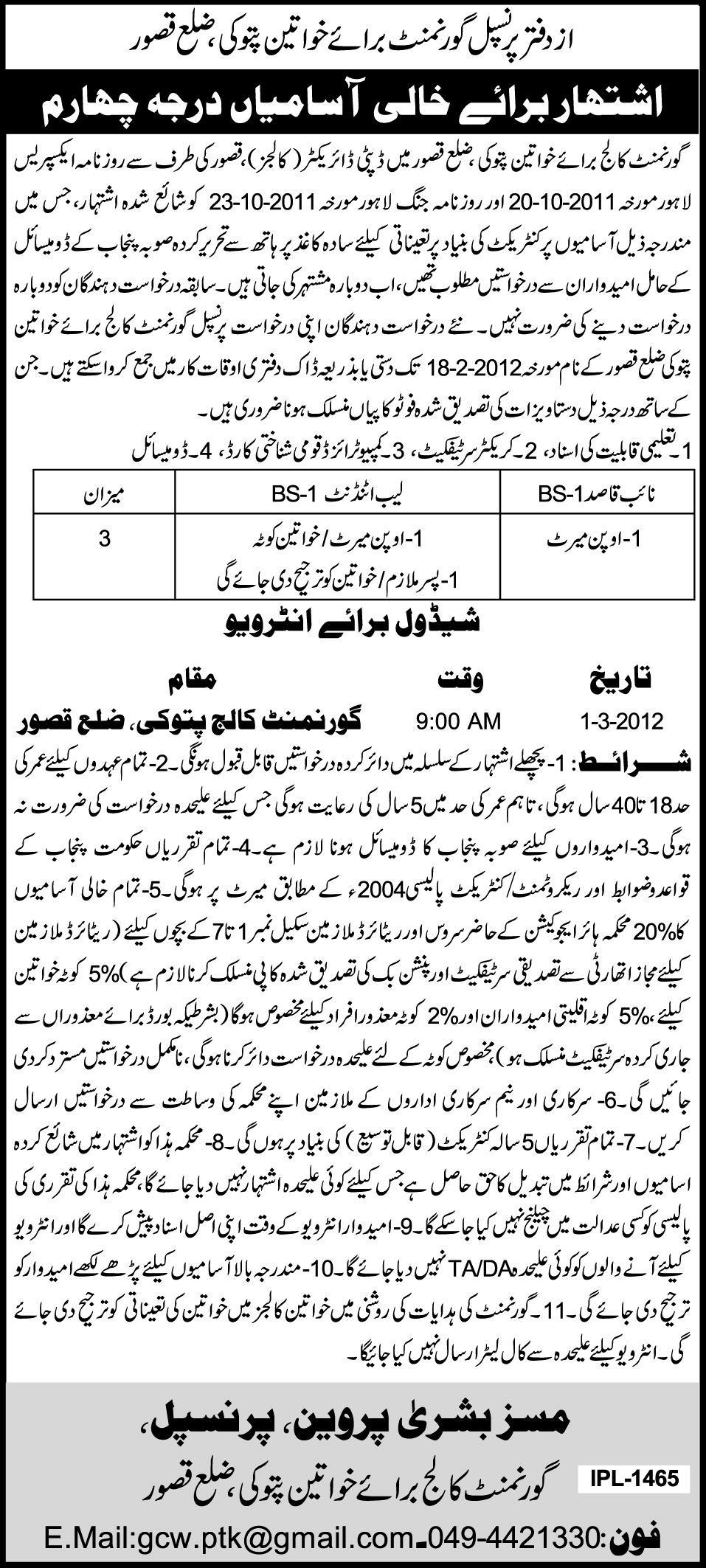 Office of Principal Government College for Women Pattoki, District Kasur Jobs Opportunity