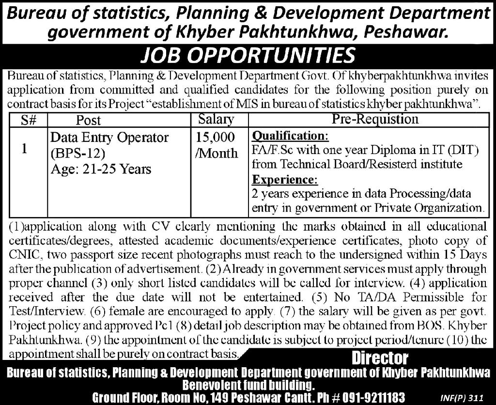 Bureau of Statistics, Planning & Development Department, Government of Khyber Pakhtunkhwa Required Data Entry Operator