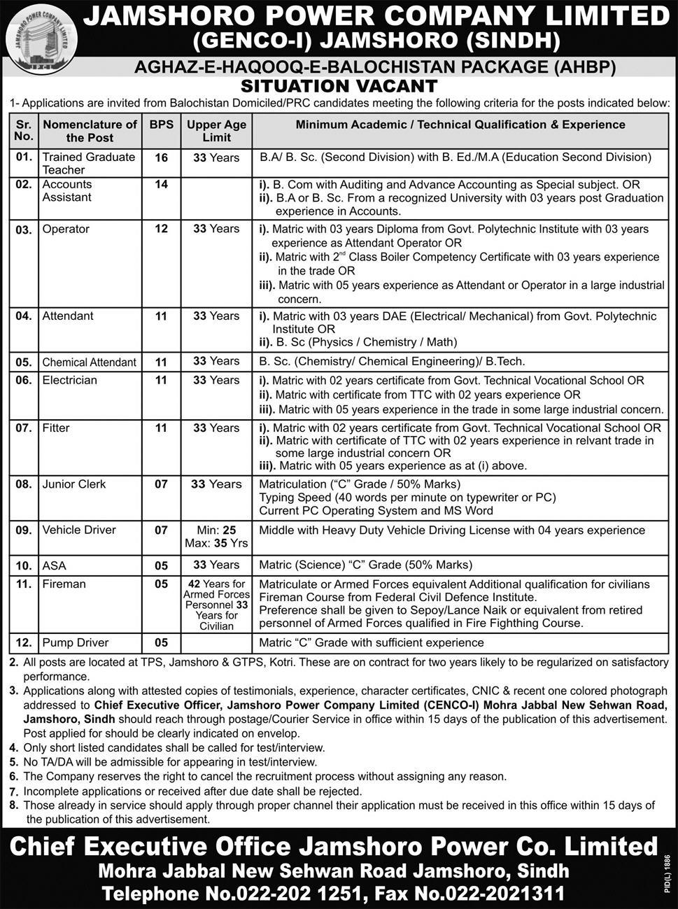 Jamshoro Power Company Limited GENCO-I Jamshoro Sindh Jobs Opportunity