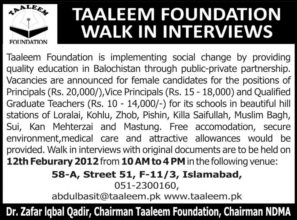 Taleem Foundation Required Staff