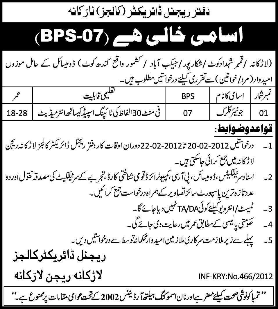 Office of Regional Directorate Colleges Larkana Required Junior Clerk