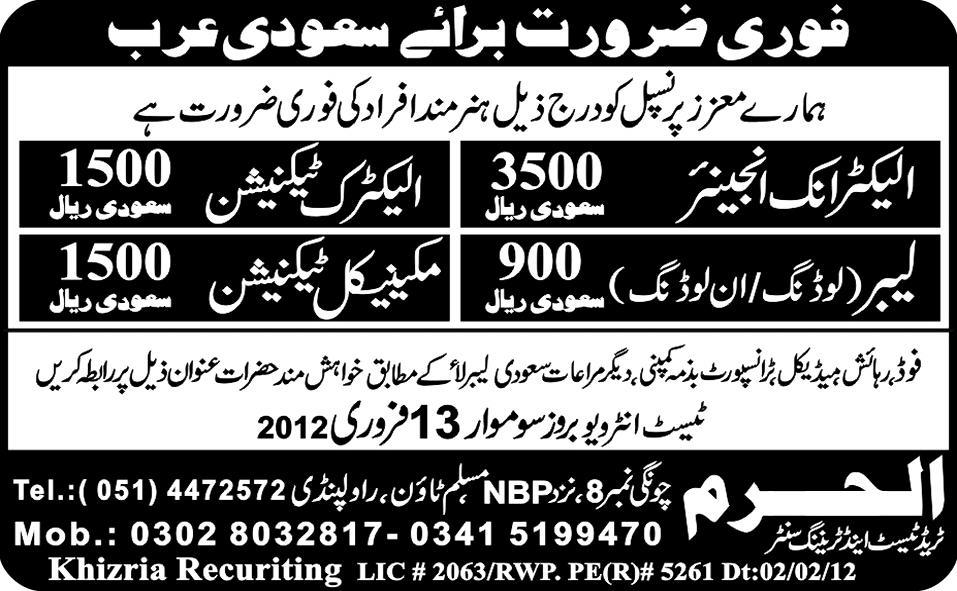 Technicians and Engineer Required for Saudi Arabia