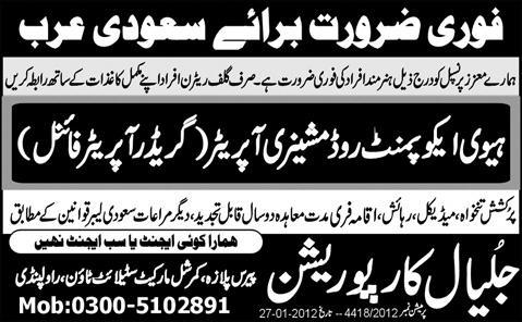 Heavy Equipment Road Machinery Operator  Required for Saudi Arabia