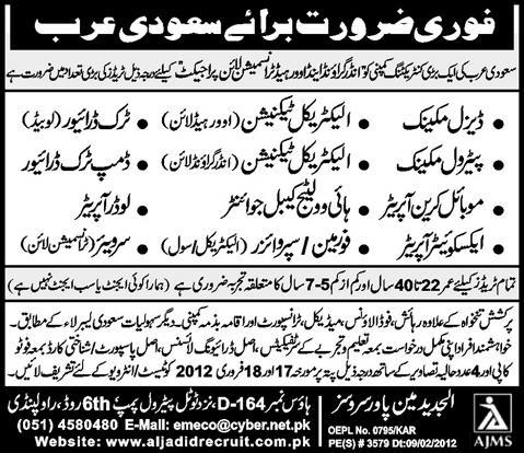 Mechanics, Technicians and Operators Required for Saudi Arabia