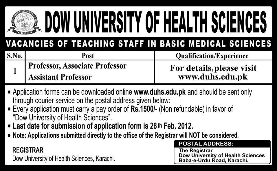 DOW University of Health Sciences Required Faculty