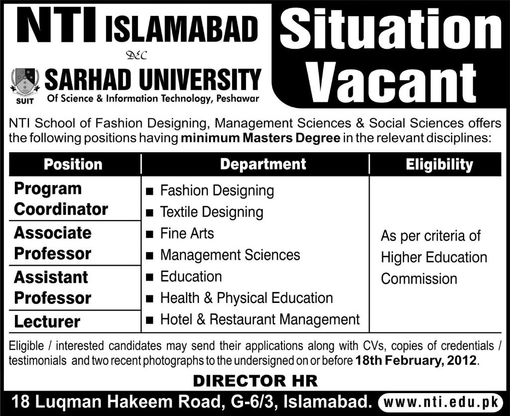 NTI Islamabad Required Staff