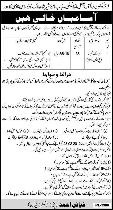 Directorate of Special Education Punjab, Lahore Required Music Teachers