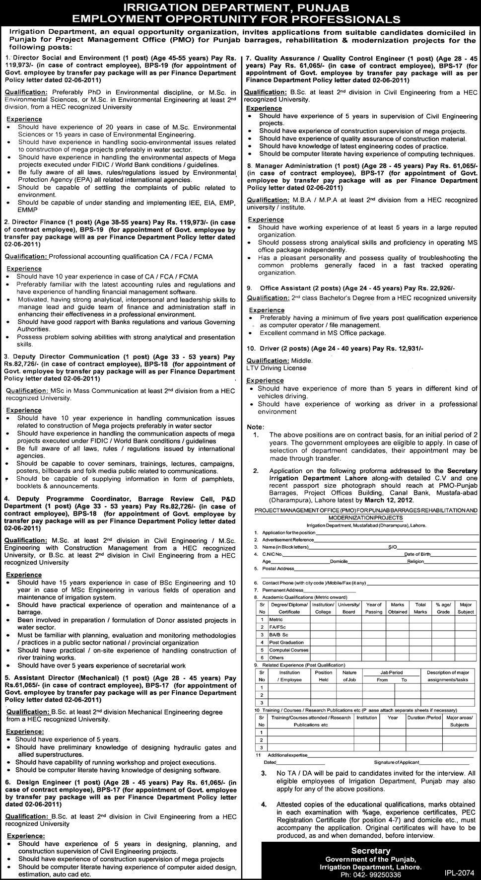 Irrigation Department, Punjab Jobs Opportunity