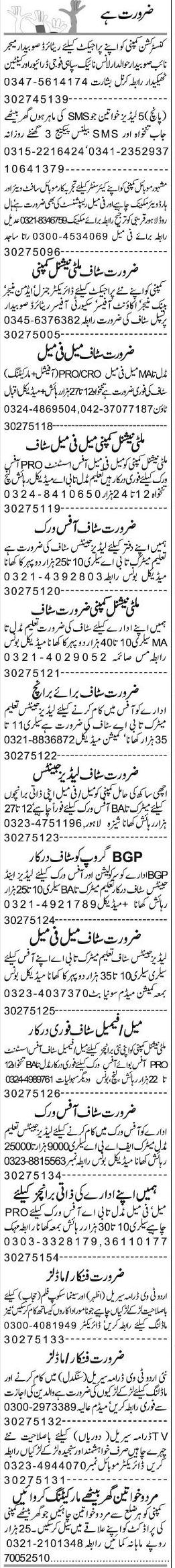 Misc. Jobs in Lahore Express Classified 2