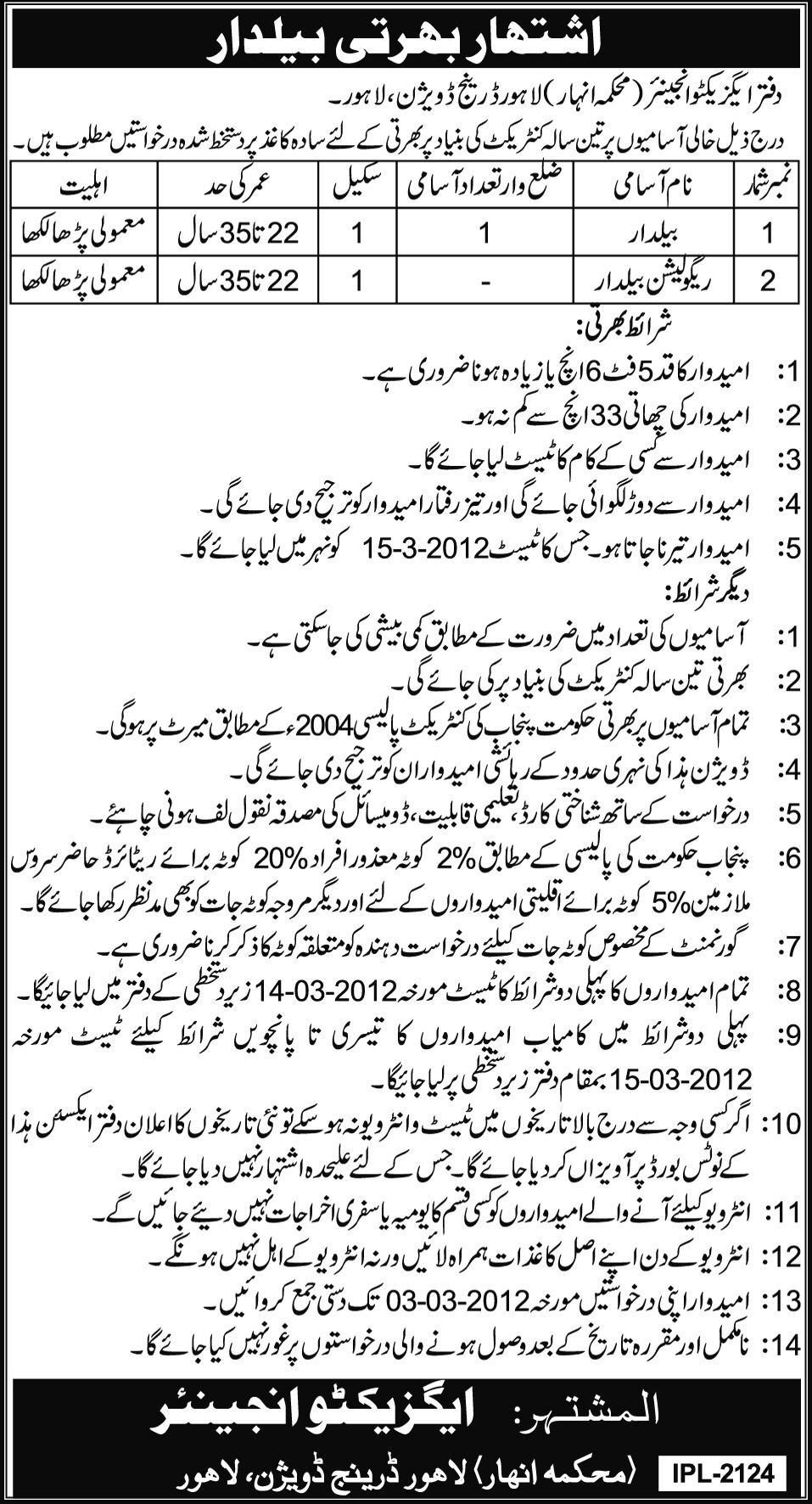 Office of Executive Engineer, Lahore Drainage Division Required Baildars