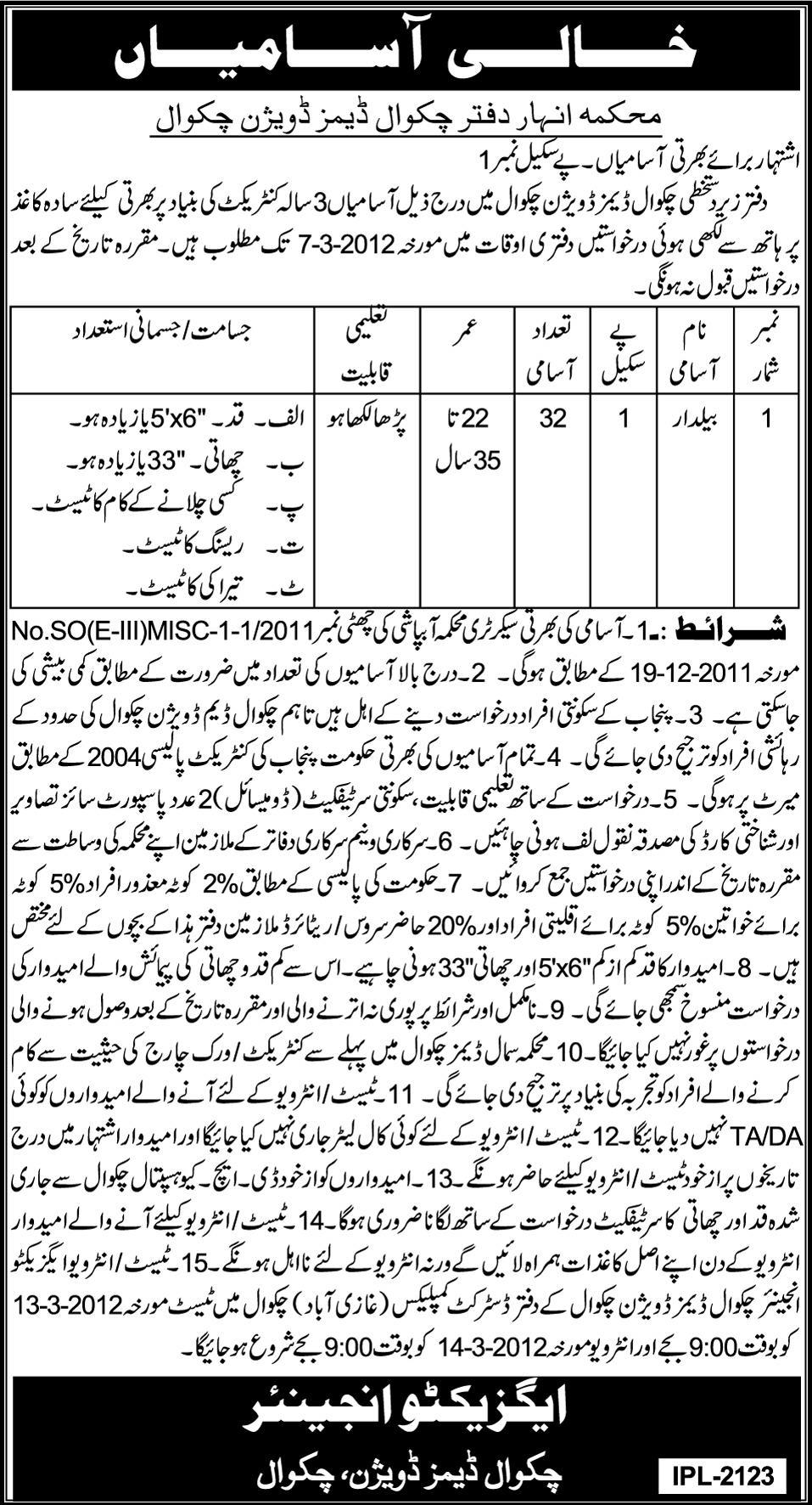 Chakwal Dams Division Required Baildar