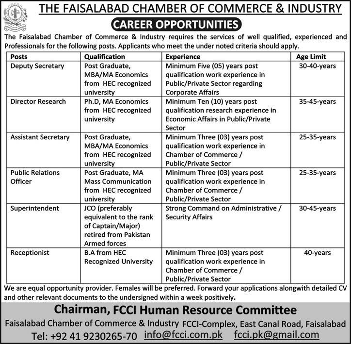 The Faisalabad Chamber of Commerce & Industry Jobs Opportunity