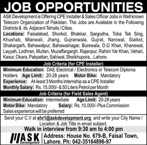 ASK Development Required CPE Installer and Sales Officer