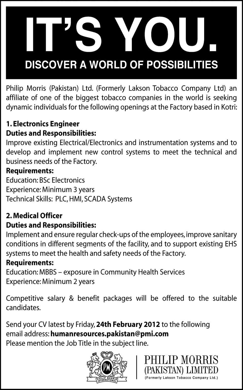 Philip Morris Pakistan Required Electronics Engineer and Medical Officer