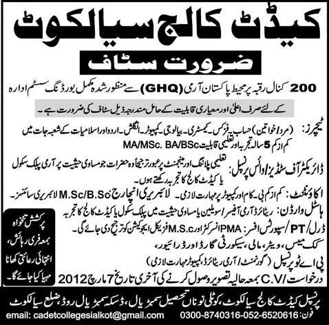 Cadet College Sialkot Required Staff