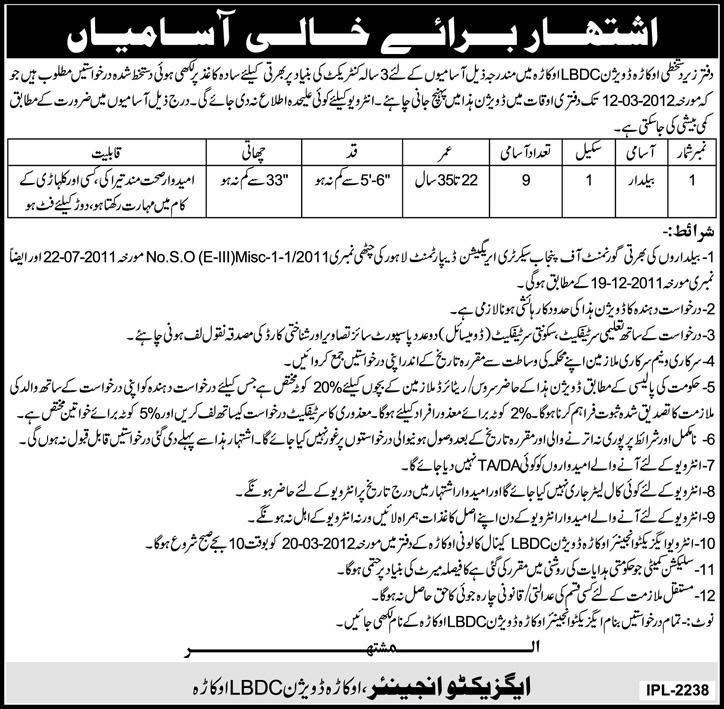 The Office on Executive Engineer, Okara Division (LBDC) Okara Required Baildar