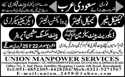 Engineers and Managers Required for Saudi Arabia