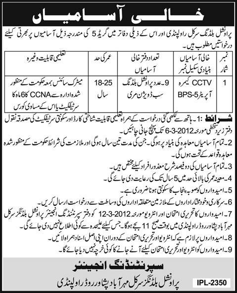 Provincial Building Circle Rawalpindi Required CCTV Camera Operators