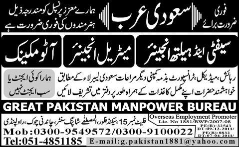 Engineers and Mechanic Required for Saudi Arabia